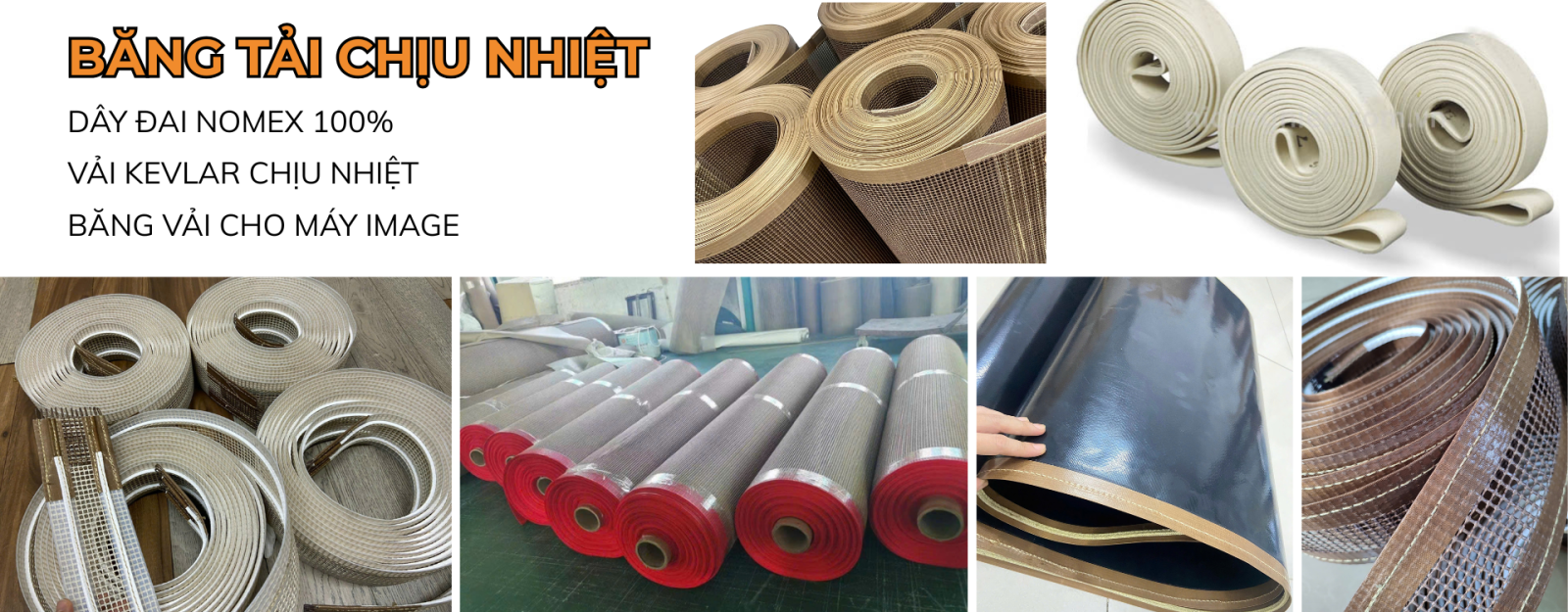 dây đai công nghiệp, băng tải, phụ kiện máy móc và vật tư ngành giặt ủi, bao bì giấy, sản xuất thực phẩm, dệt may